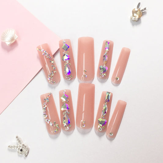 Luxury Rhinestone Nail Set: Nude Pink Base Meets Colorful Rhinestones, Lighting Up Finger - tip Charm