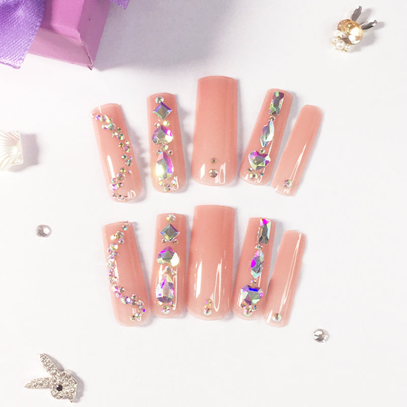 Luxury Rhinestone Nail Set: Nude Pink Base Meets Colorful Rhinestones, Lighting Up Finger - tip Charm