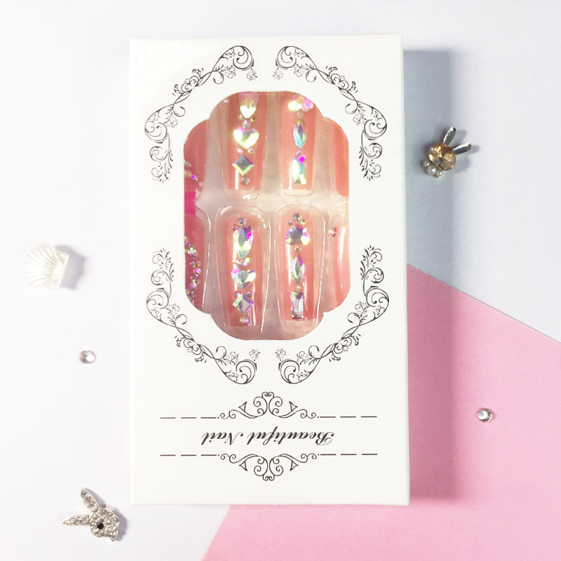 Luxury Rhinestone Nail Set: Nude Pink Base Meets Colorful Rhinestones, Lighting Up Finger - tip Charm