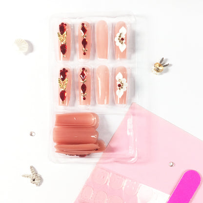 Precious Red - Diamond Nail Stickers: Encountering Luxurious Floral Charms on Nude - Pink Bases