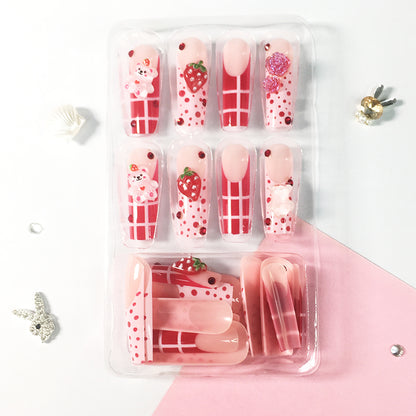 Sweetheart Strawberry Nail Set: Interwoven Pink Dots and Checks, Infusing Fingertips with a Playful Vibe