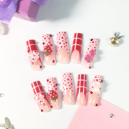 Sweetheart Strawberry Nail Set: Interwoven Pink Dots and Checks, Infusing Fingertips with a Playful Vibe