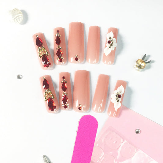 Precious Red - Diamond Nail Stickers: Encountering Luxurious Floral Charms on Nude - Pink Bases