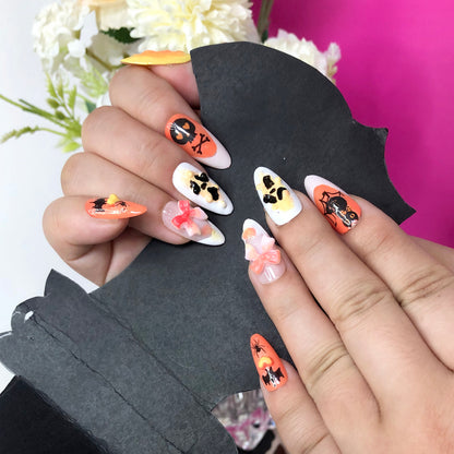Halloween Skull Bat Bow Themed Wearable Nails | Festive Spooky-Sweet Nail Art