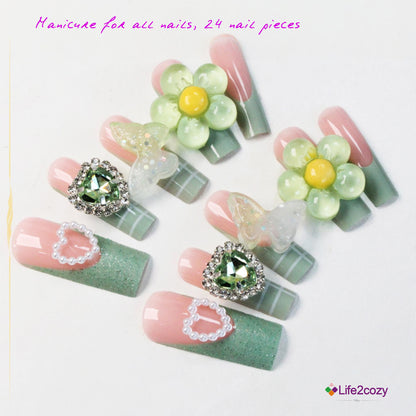 24 nail tips Artistic nail stickers: Spring elves meet pink and green, full of romance