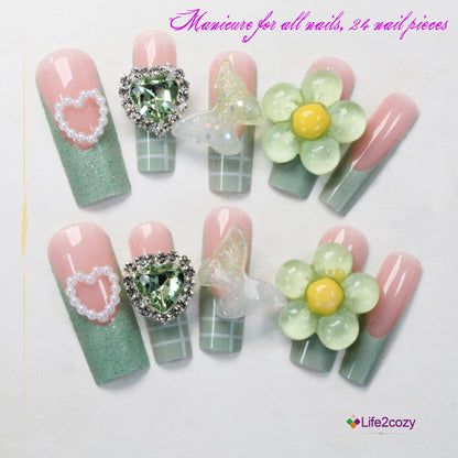 24 nail tips Artistic nail stickers: Spring elves meet pink and green, full of romance