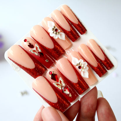 24Pcs Nude-Pink Red Diamond Floral Press-On Nails | Luxurious Wearable Manicure Set