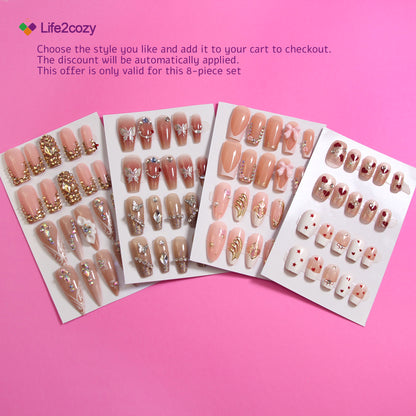 8-piece Set Luxury Rhinestone & Gold Accent Press-on Nails Set Reusable Fake Nails with Sparkle Crystals