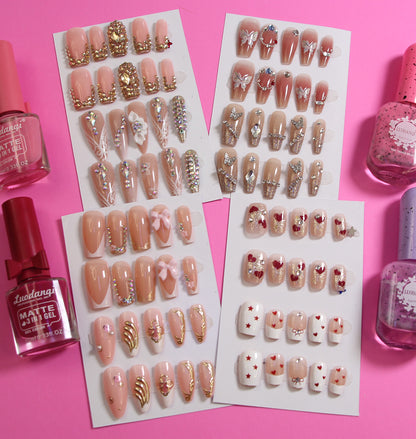 8-piece Set Luxury Rhinestone & Gold Accent Press-on Nails Set Reusable Fake Nails with Sparkle Crystals