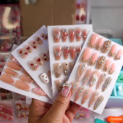 8-piece Set Luxury Rhinestone & Gold Accent Press-on Nails Set Reusable Fake Nails with Sparkle Crystals