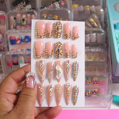 8-piece Set Luxury Rhinestone & Gold Accent Press-on Nails Set Reusable Fake Nails with Sparkle Crystals