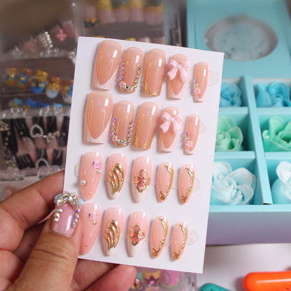 8-piece Set Luxury Rhinestone & Gold Accent Press-on Nails Set Reusable Fake Nails with Sparkle Crystals