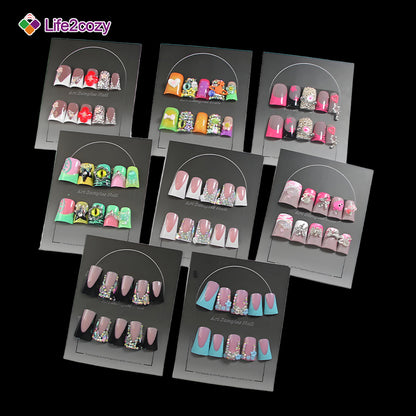 8-piece Set Mixed Style 3D Rhinestone & Charm Press On Nails Set - Reusable Artificial Fake Nails for Daily & Party Wear