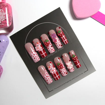 8-piece Set Long Press On Nails Set | 3D Bows and Rhinestones | Reusable Artificial Fake Nails for Glam Daily & Party Wear