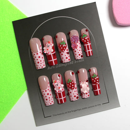 8-piece Set Long Press On Nails Set | 3D Bows and Rhinestones | Reusable Artificial Fake Nails for Glam Daily & Party Wear