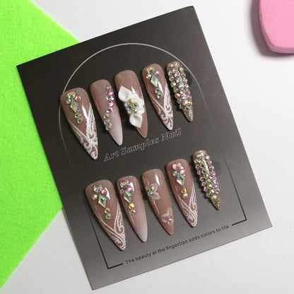 8-piece Set Long Press On Nails Set | 3D Bows and Rhinestones | Reusable Artificial Fake Nails for Glam Daily & Party Wear