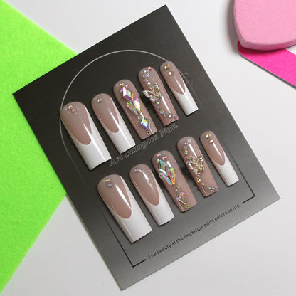 8-piece Set Long Press On Nails Set | 3D Bows and Rhinestones | Reusable Artificial Fake Nails for Glam Daily & Party Wear