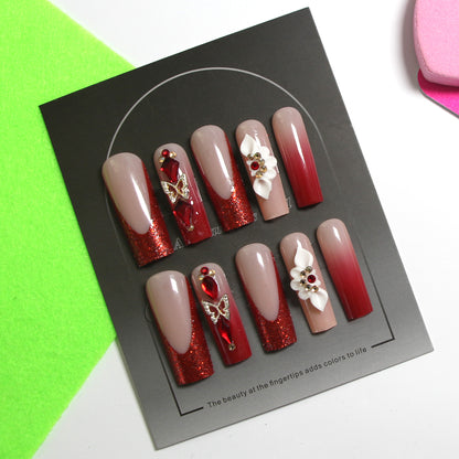 8-piece Set Long Press On Nails Set | 3D Bows and Rhinestones | Reusable Artificial Fake Nails for Glam Daily & Party Wear