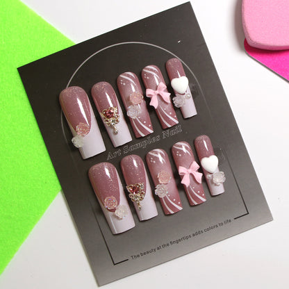 8-piece Set Long Press On Nails Set | 3D Bows and Rhinestones | Reusable Artificial Fake Nails for Glam Daily & Party Wear