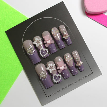 8-piece Set Long Press On Nails Set | 3D Bows and Rhinestones | Reusable Artificial Fake Nails for Glam Daily & Party Wear