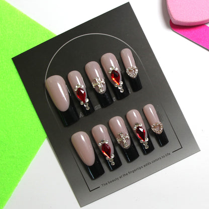 8-piece Set Long Press On Nails Set | 3D Bows and Rhinestones | Reusable Artificial Fake Nails for Glam Daily & Party Wear