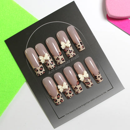 8-piece Set Long Press On Nails Set | 3D Bows and Rhinestones | Reusable Artificial Fake Nails for Glam Daily & Party Wear
