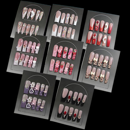 8-piece Set Long Press On Nails Set | 3D Bows and Rhinestones | Reusable Artificial Fake Nails for Glam Daily & Party Wear