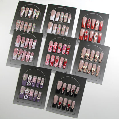 8-piece Set Long Press On Nails Set | 3D Bows and Rhinestones | Reusable Artificial Fake Nails for Glam Daily & Party Wear