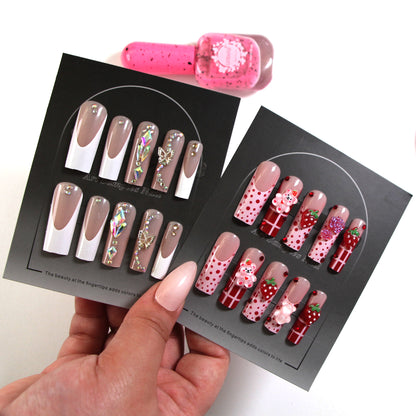 8-piece Set Long Press On Nails Set | 3D Bows and Rhinestones | Reusable Artificial Fake Nails for Glam Daily & Party Wear