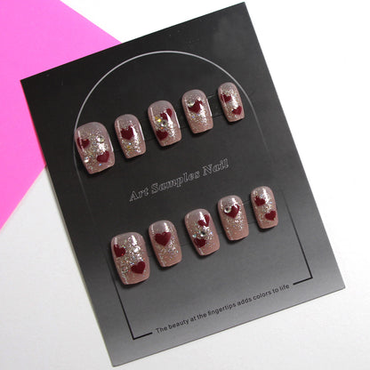 8-piece Set Short & Medium Mixed Press On Nails Set Heart Star Bow Rhinestone Removable Fake Nails