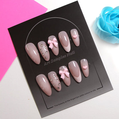 8-piece Set Short & Medium Mixed Press On Nails Set Heart Star Bow Rhinestone Removable Fake Nails