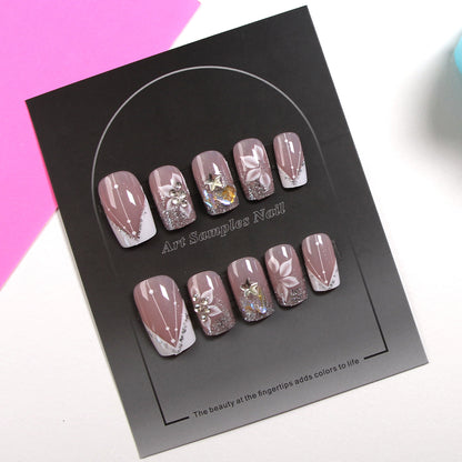 8-piece Set Short & Medium Mixed Press On Nails Set Heart Star Bow Rhinestone Removable Fake Nails