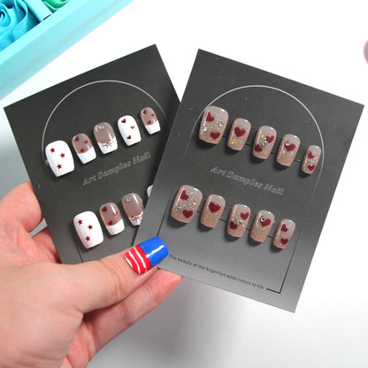 8-piece Set Short & Medium Mixed Press On Nails Set Heart Star Bow Rhinestone Removable Fake Nails