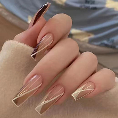 24 - piece Brown - Gold Line Nail Art Wearable Nails - Stylish, Unique and Whitening Long - style Fake Nails
