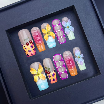 Handmade Nail Art | European-American 3D Carved French Tips | Autumn Winter Butterfly Wearable Nails