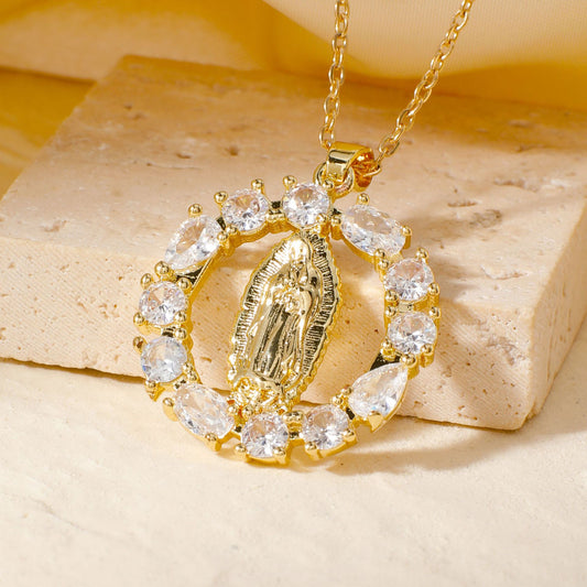 Good Quality Retro Virgin Mary Women/men Necklaces Gold Color Stainless Steel Hollowed-out Pendant Stone Elegant Jewelry Gift