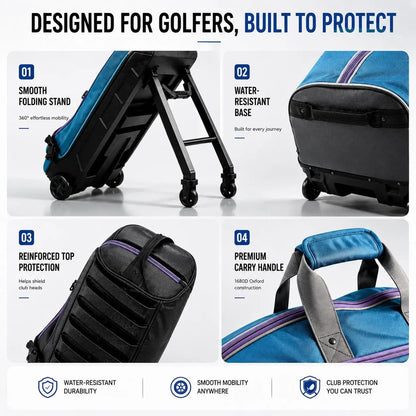 Premium Airline Golf Travel Bag Featuring 4-Wheel Hands-Free Rolling and 2-Wheel Pull Mode, Reinforced Hard Base, and Enhanced Club Head Protection