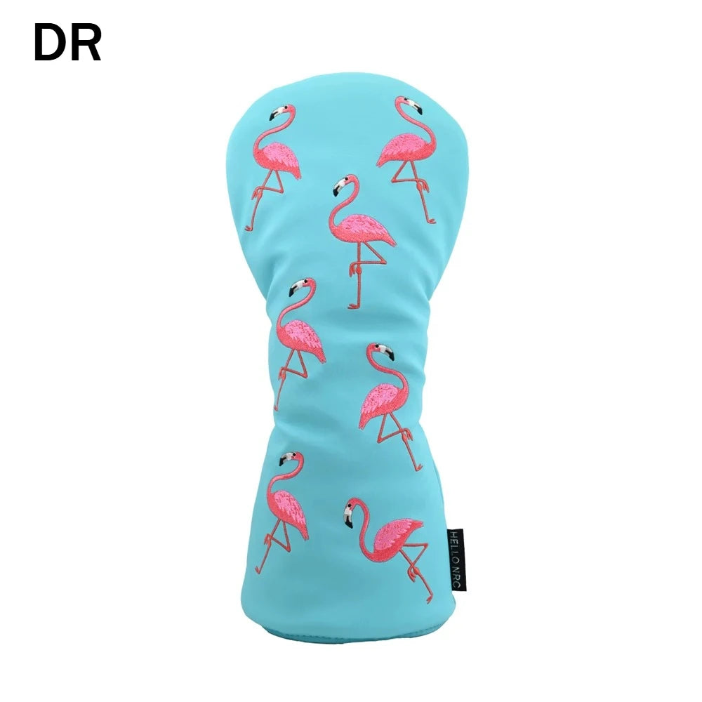 Cute Flamingo Embroidery Golf Headcover Waterproof PU Driver Fairway Wood Hybrid Golf Cover Golf Protection Accessories