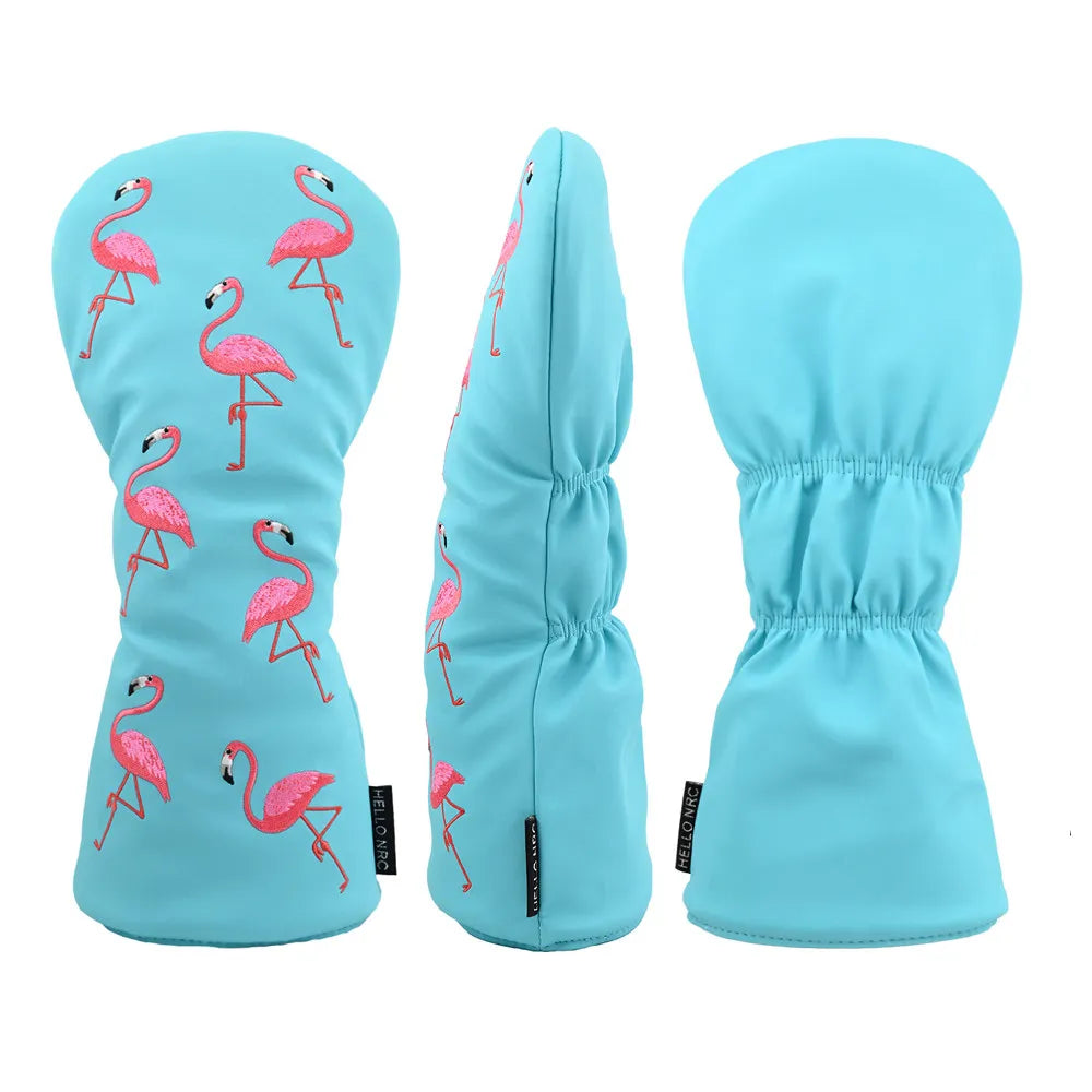 Cute Flamingo Embroidery Golf Headcover Waterproof PU Driver Fairway Wood Hybrid Golf Cover Golf Protection Accessories