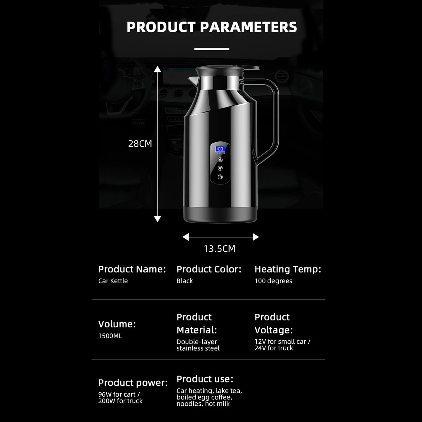 Portable Car Hot Kettle | 1500ML Large Capacity | 304 Stainless Steel Water Heater | Travel Auto 12V 24V | For Tea Coffee