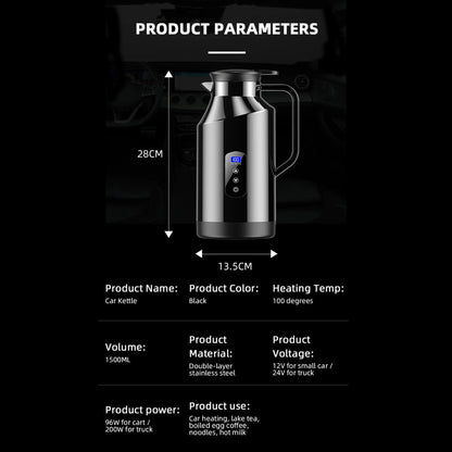 Portable Car Hot Kettle | 1500ML Large Capacity | 304 Stainless Steel Water Heater | Travel Auto 12V 24V | For Tea Coffee