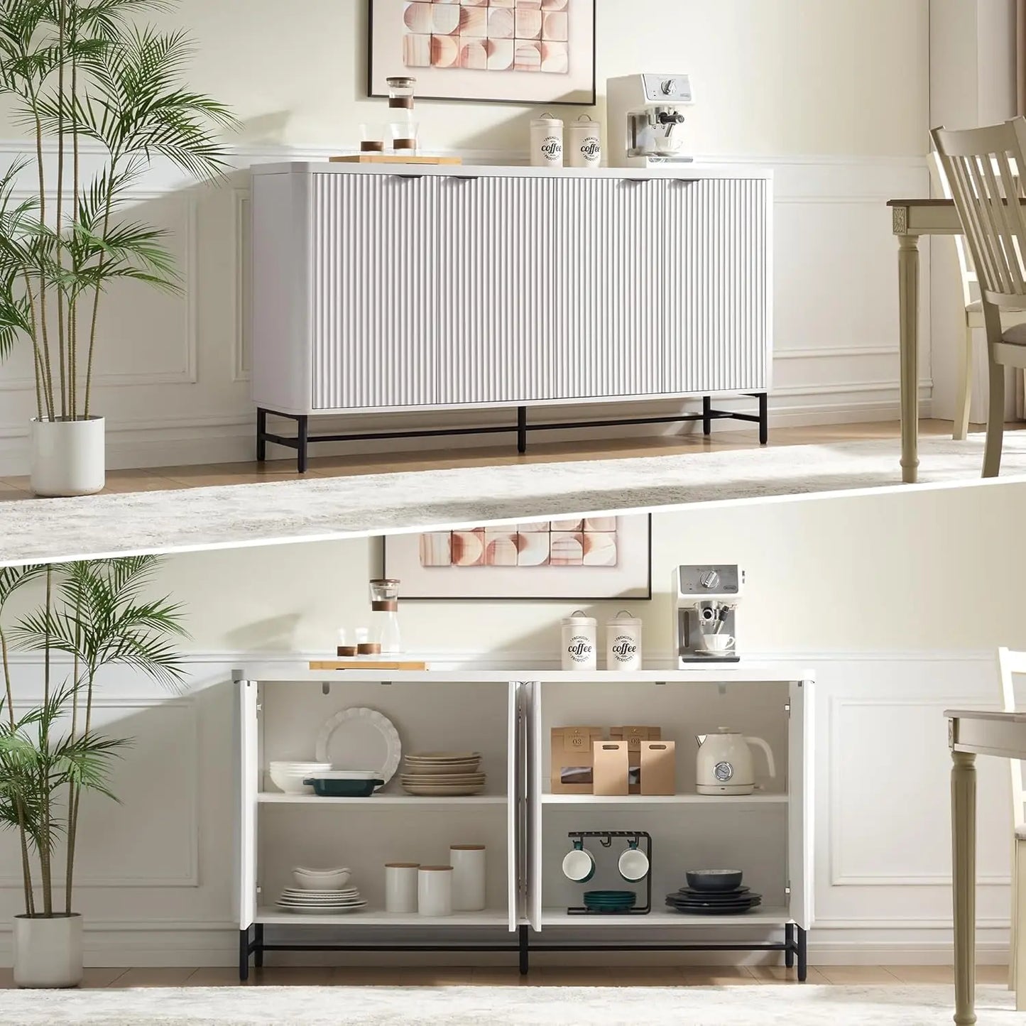 65" Buffet Sideboard with 4 Doors Adjustable Shelves Coffee Bar Console for Dining Living Entryway White Customized