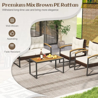 4PCS Patio Outdoor Furniture Rattan Conversation Sofa Set w/Tabletop & Cushions