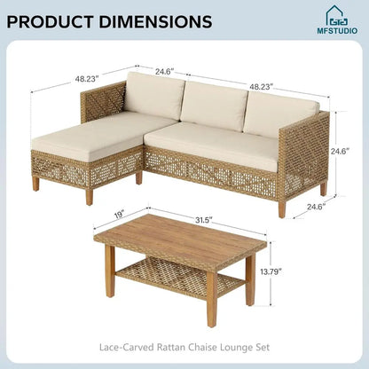Beige 3-Piece Outdoor L-Shaped Wicker Sofa Set with Rattan Sectional and Acacia Coffee Table for Patio or Backyard