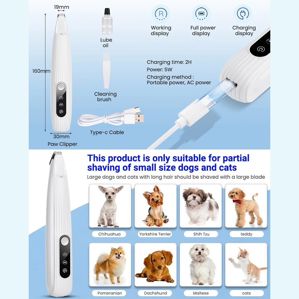 Portable Dog Paw Trimmer | With LED Light | Rechargeable Cordless | Nail Grinder Shaver for Cats And Other Pets | Nail Grooming Tools