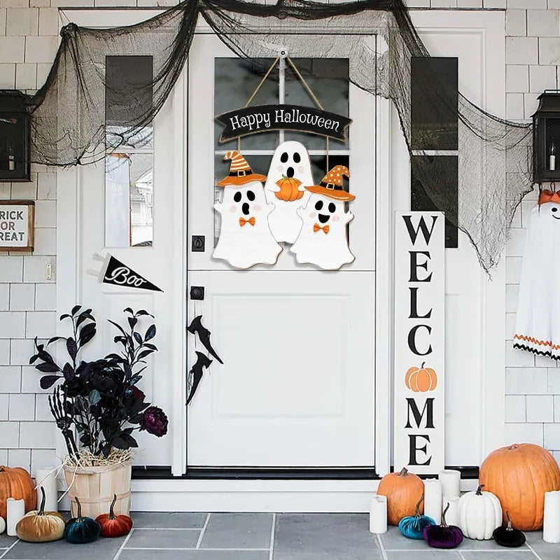 Halloween Ghost Door Sign - BOO Wooden Hanging Decor for Front Door, Yard or Wall - Pumpkin & Wreath Party Decorations