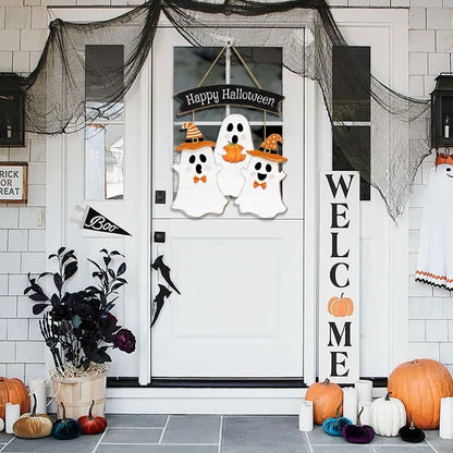 Halloween Ghost Door Sign | "BOO" Wooden Hanging Decor | Pumpkin & Wreath Party Decor