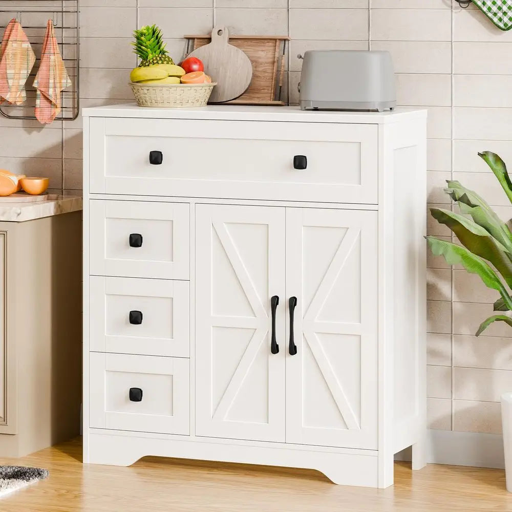 Farmhouse Storage Cabinet with 2 Doors and 4 Drawers, Freestanding Bathroom Storage Cabinet Kitchen Pantry, Floor Hutch Cupboar
