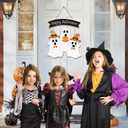 Halloween Ghost Door Sign | "BOO" Wooden Hanging Decor | Pumpkin & Wreath Party Decor