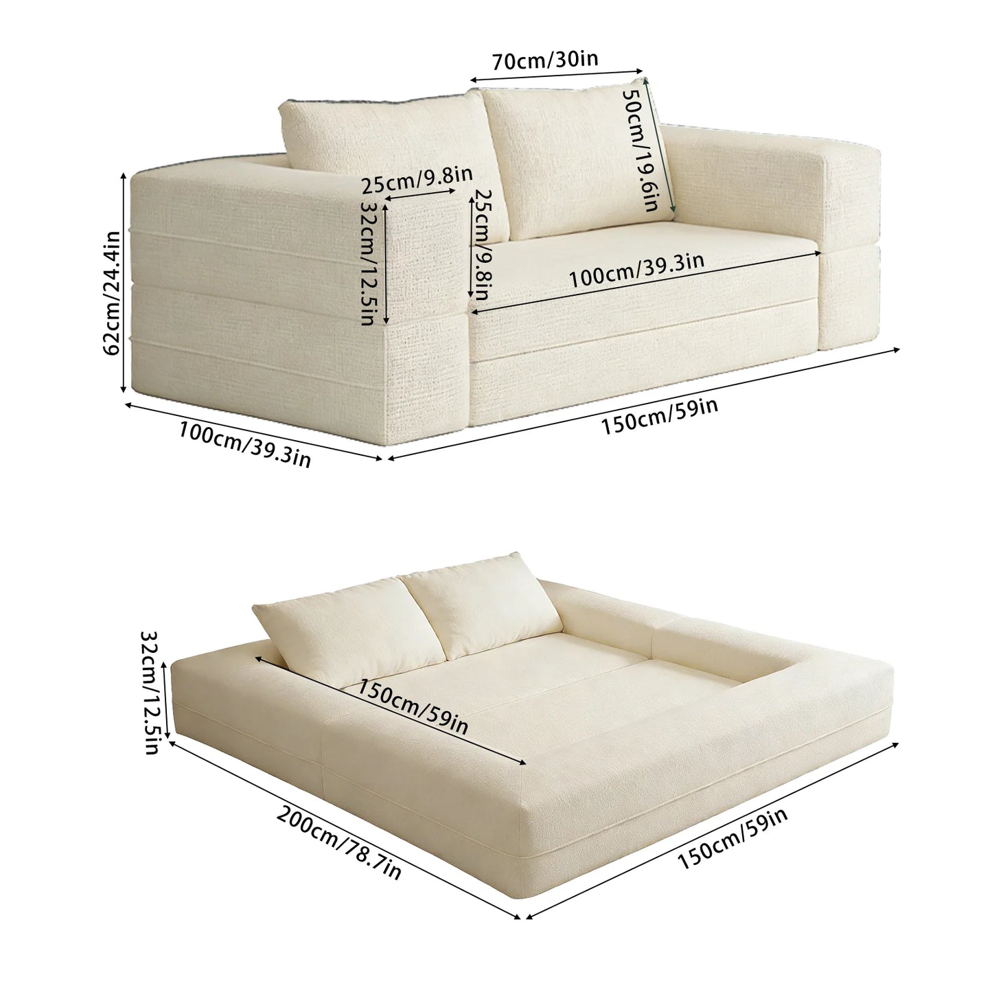 1.5m 1.8m 3-in-1 Chenille Vacuum Compressible Sofa Bed Home Foldable Floor Couch Soft Loveseat Lazy Sofa For Living Room Bedroom